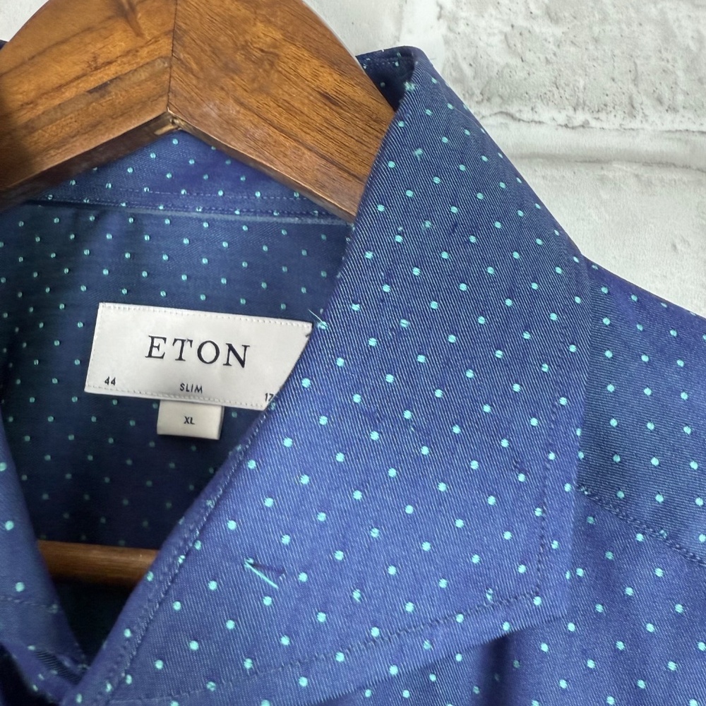 ETON Slim Fit Navy Blue Mint Green Polka Dot Button Up Dress Shirt Mens 17.5 NWT - Picture 5 of 11